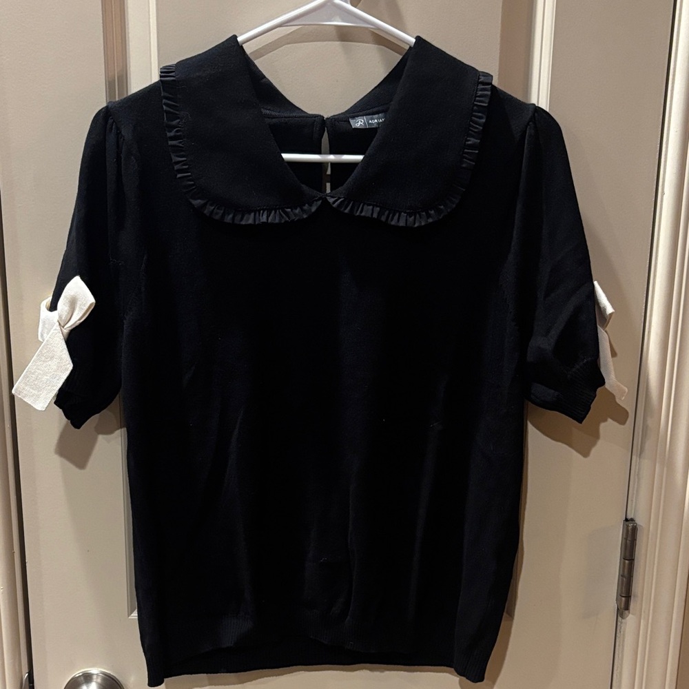 Adrianna Papell Black Blouse with White Bow Details
